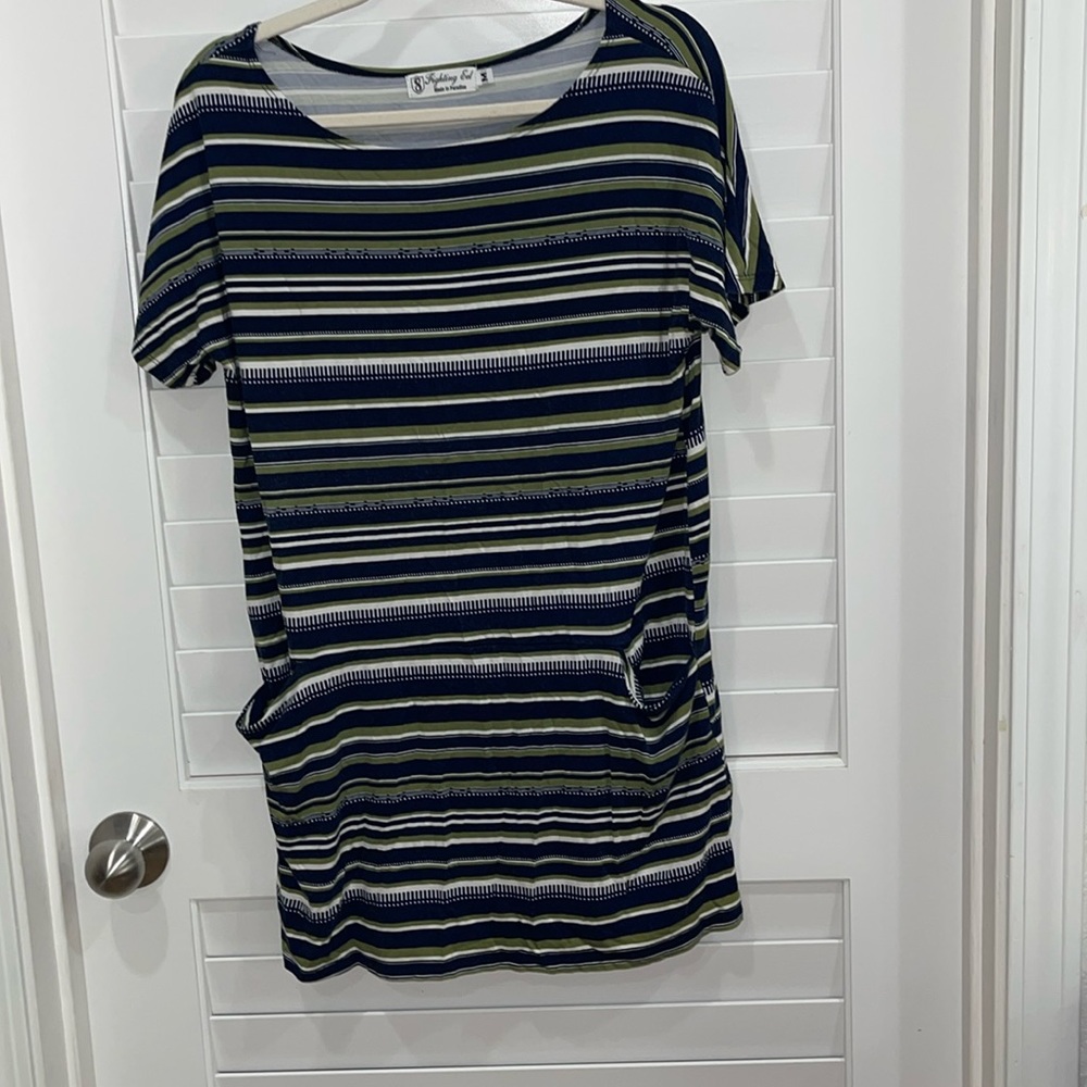 Ava Sky blu/green stripe comfortable shirt dress with boatneck and pockets